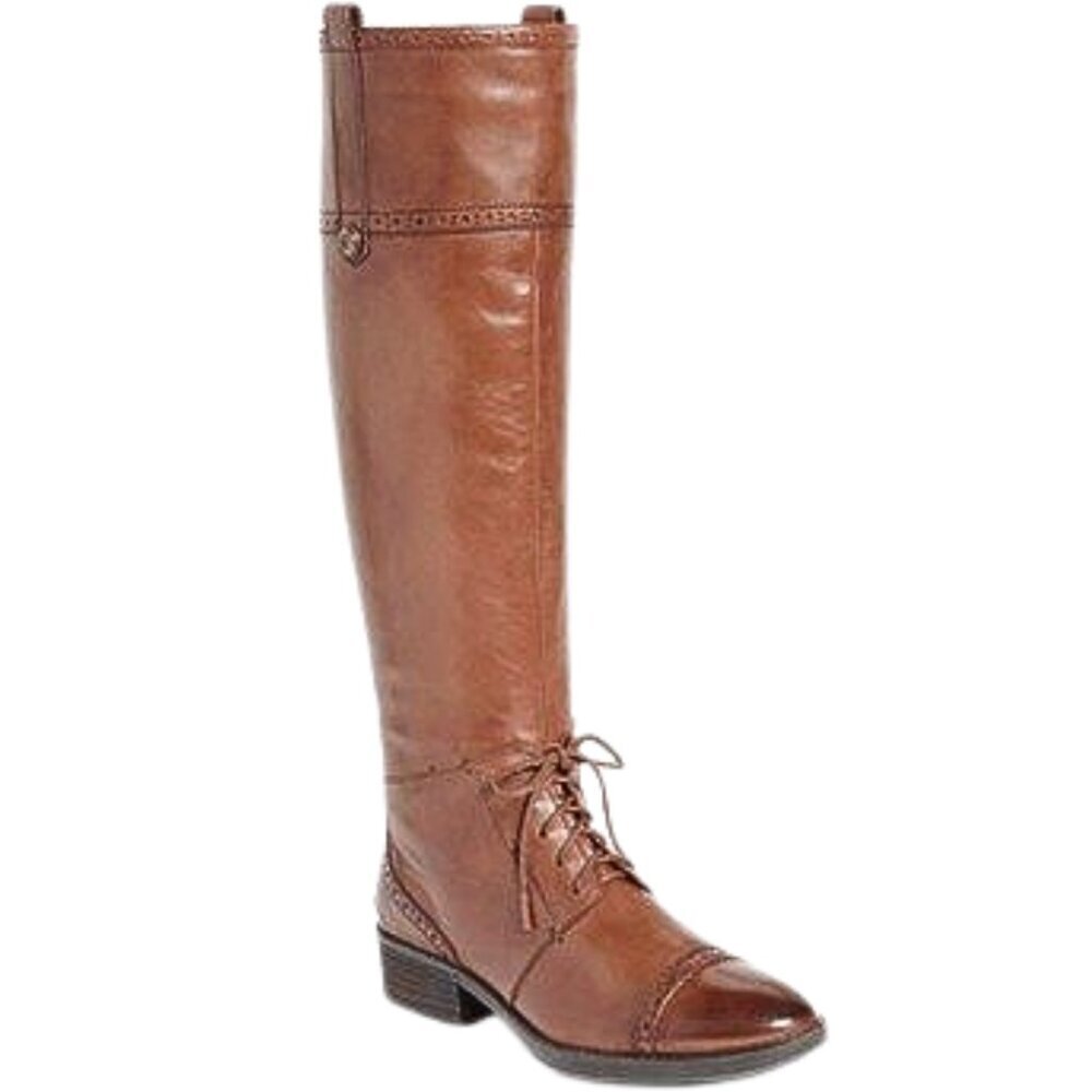 Sam Edelman Perron Cap Toe Leather Riding Boots Women's 6.5M Brown Brogue Zip